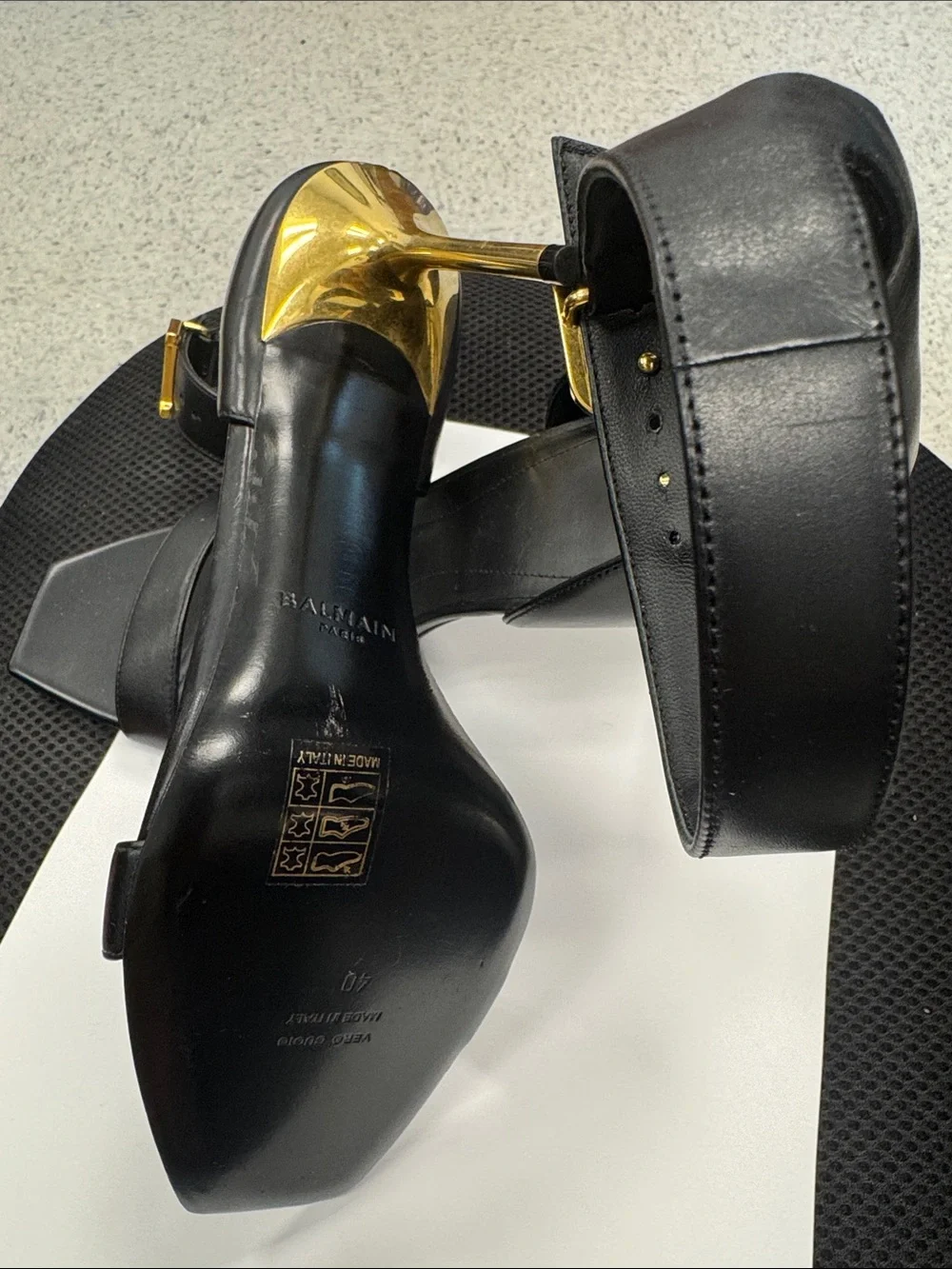 Balmain Black Leather Square-Toe Ankle-Strap Heels